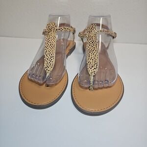 J. Crew T-Strap Leather Leopard Print Flat Sandals Brown Casual Chic Womens 9.5